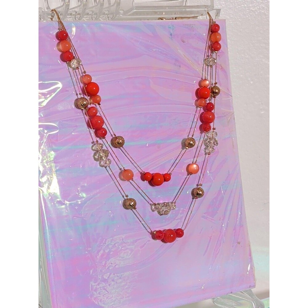 Vintage 1990s Multi Strand Orange Red Semi Precious Stone Bead Necklace